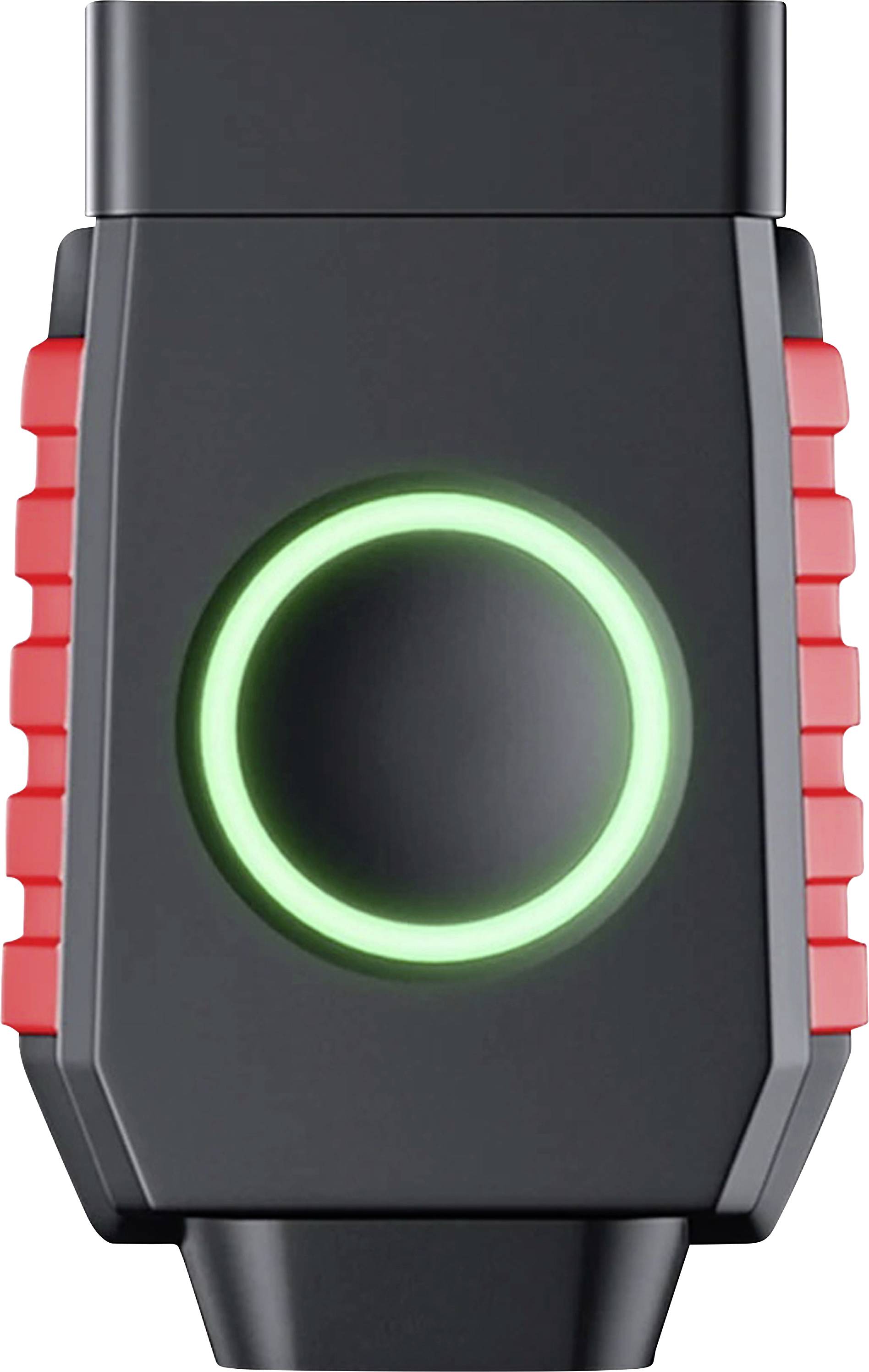 A black and red device with a circular green-lit button in the center.