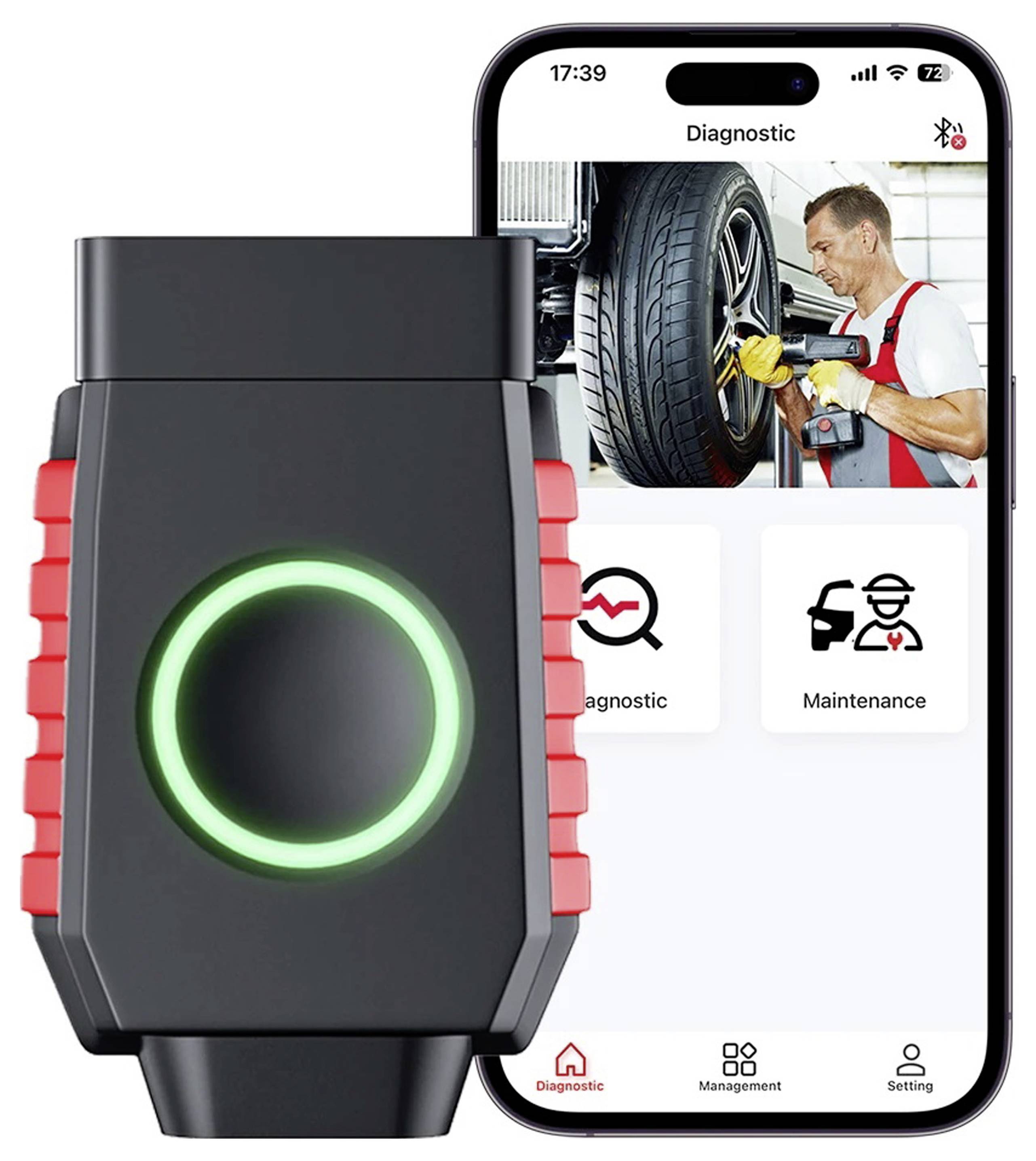 A diagnostic device with a green light and a smartphone displaying a car maintenance app interface, featuring diagnostic and maintenance options.