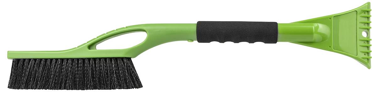'A green snow brush and ice scraper with a black handle and hard bristles, designed for clearing snow and ice from car windows.'