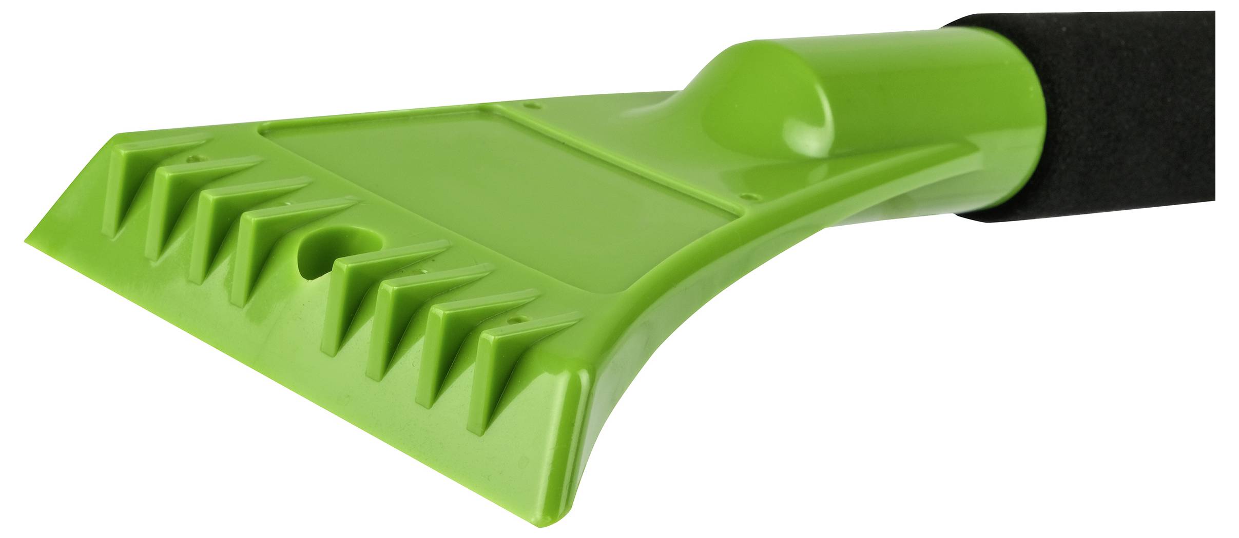 Green plastic ice scraper with a black foam handle, featuring a flat edge and jagged teeth for removing ice from car windows.
