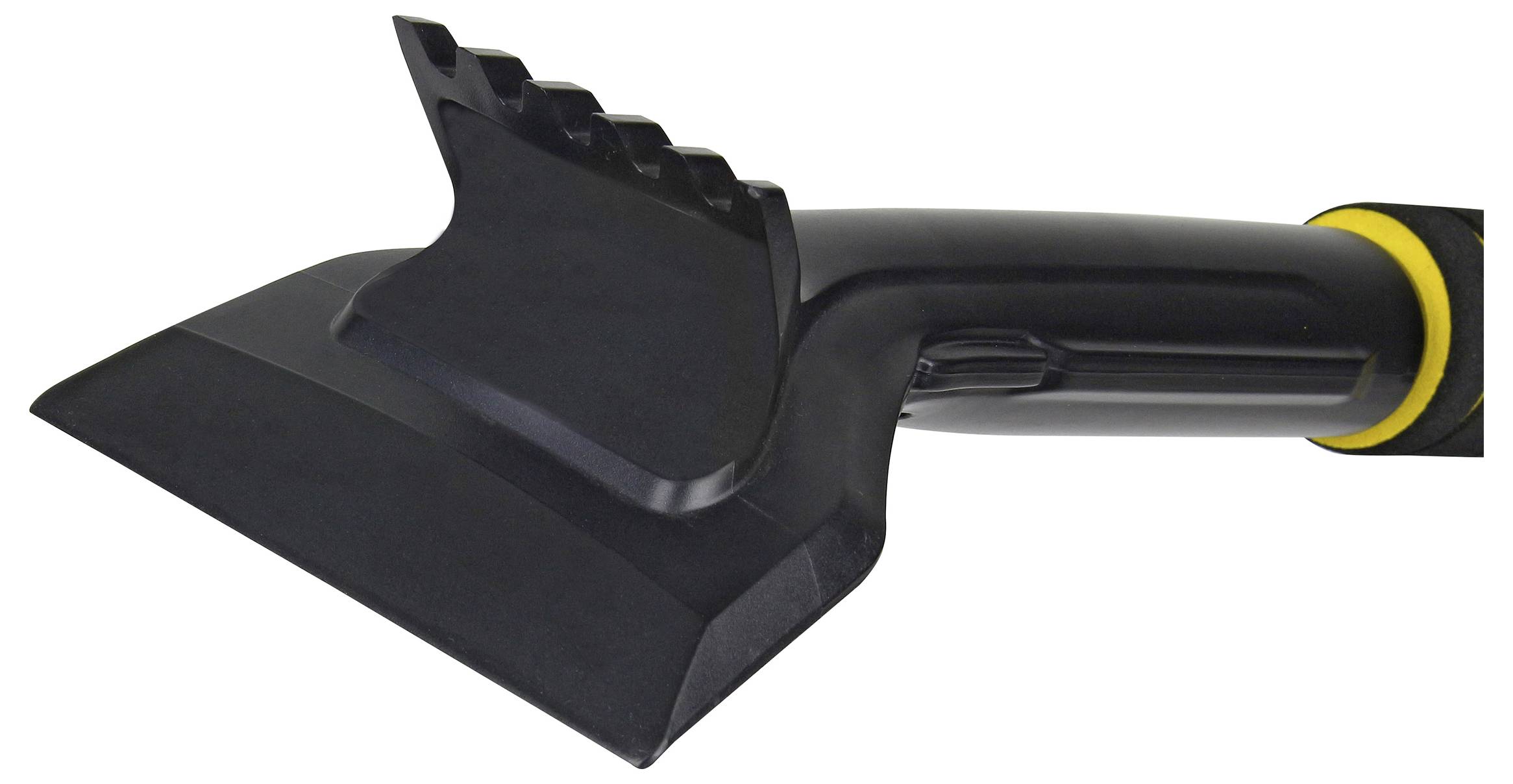 A black plastic ice scraper with a serrated edge designed for removing ice from car windshields.