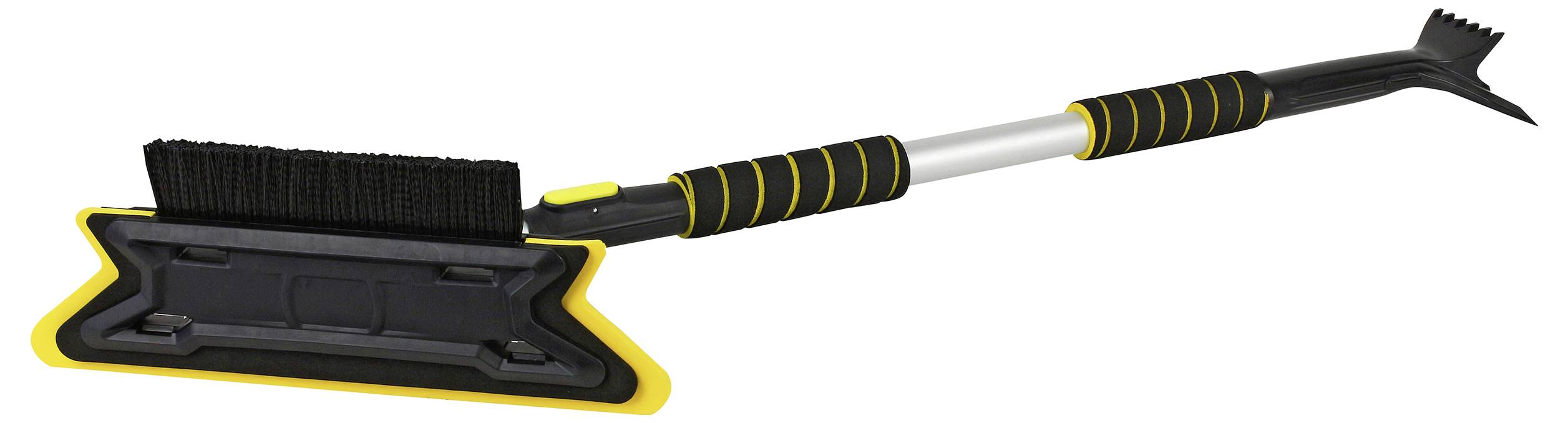 A snow broom with an extendable handle, black and yellow, featuring a wide brush for snow removal and an attached ice scraper on the opposite end.