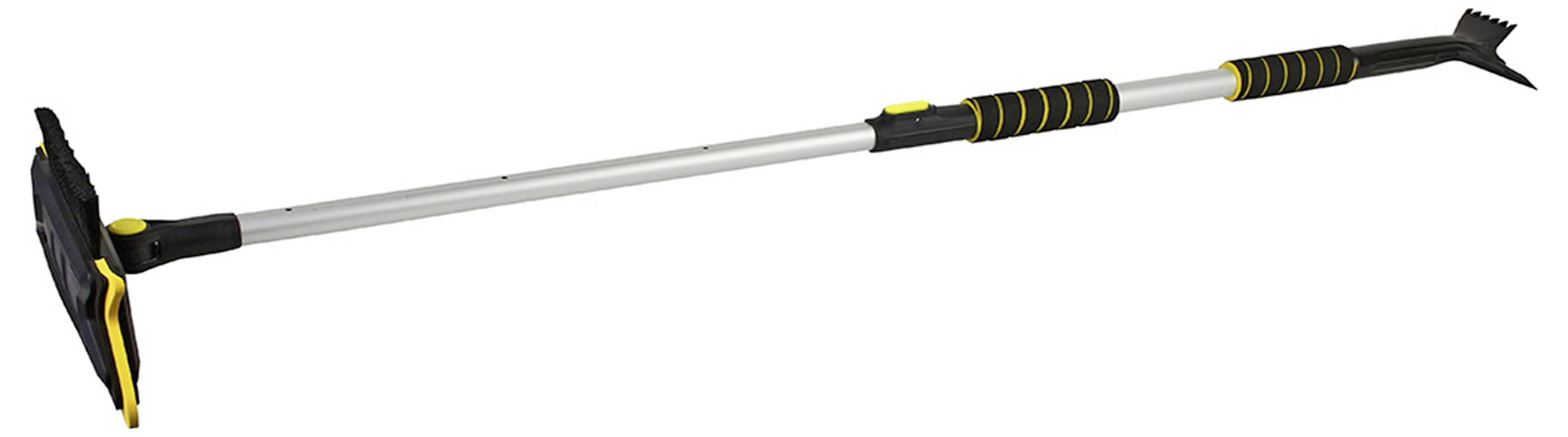 'A long adjustable car snow brush and ice scraper with a foam handle and bright yellow accents.'