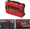 'Einhell tool case set, red and black, includes sockets, ratchets, extensions, and bits neatly organized in two trays, with a logo on the case.'