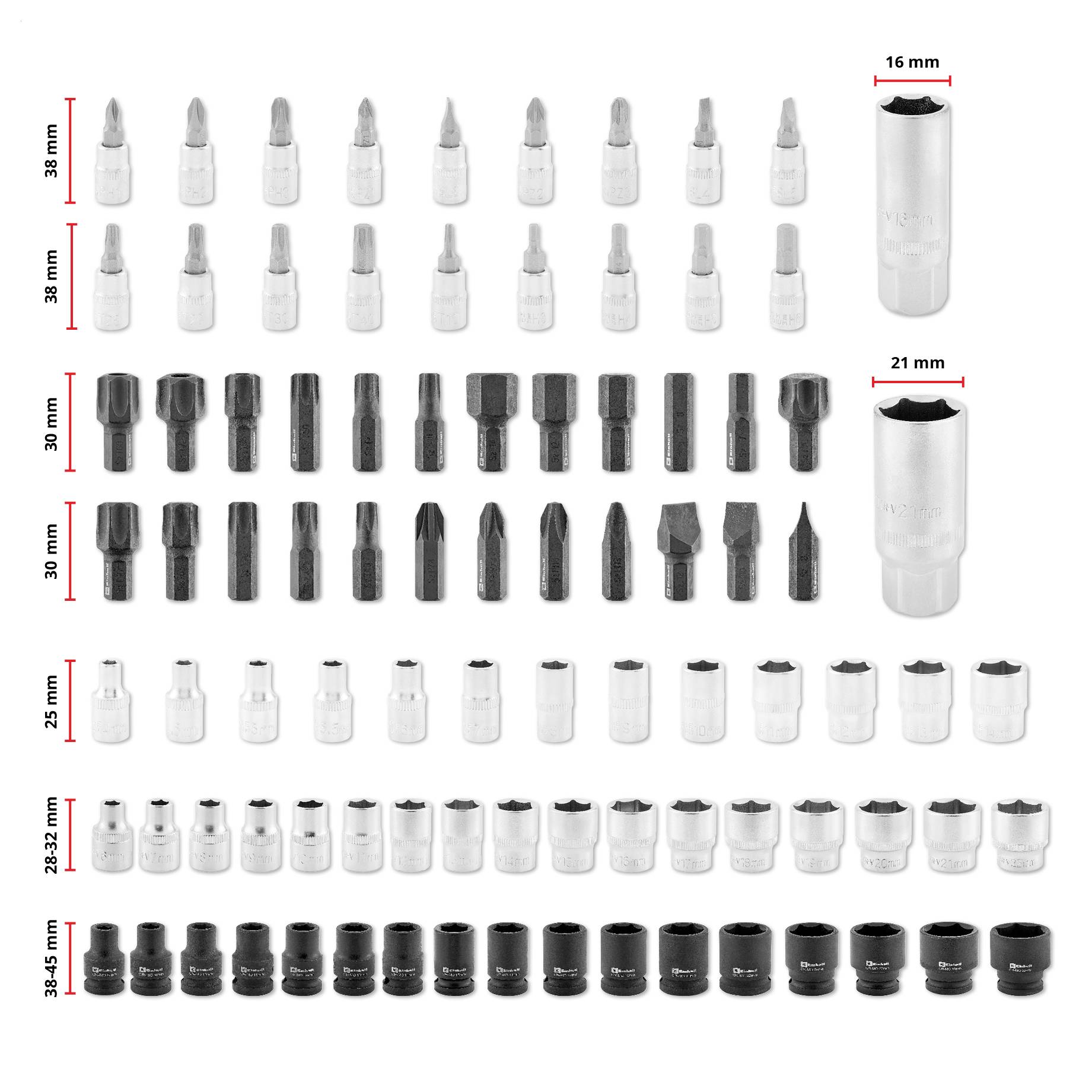 'A set of various socket wrench bits and adapters arranged in rows. Measurements in millimeters: 38, 30, 25, 23-21, 34.55.'