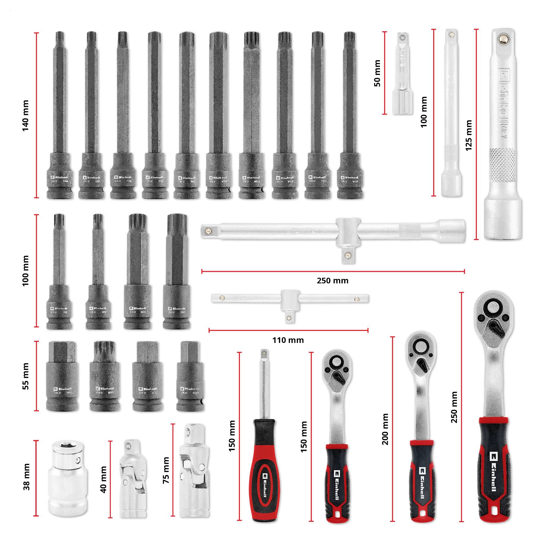 Assorted tool set showing various sockets, handles, and extensions with sizes labeled in millimeters.