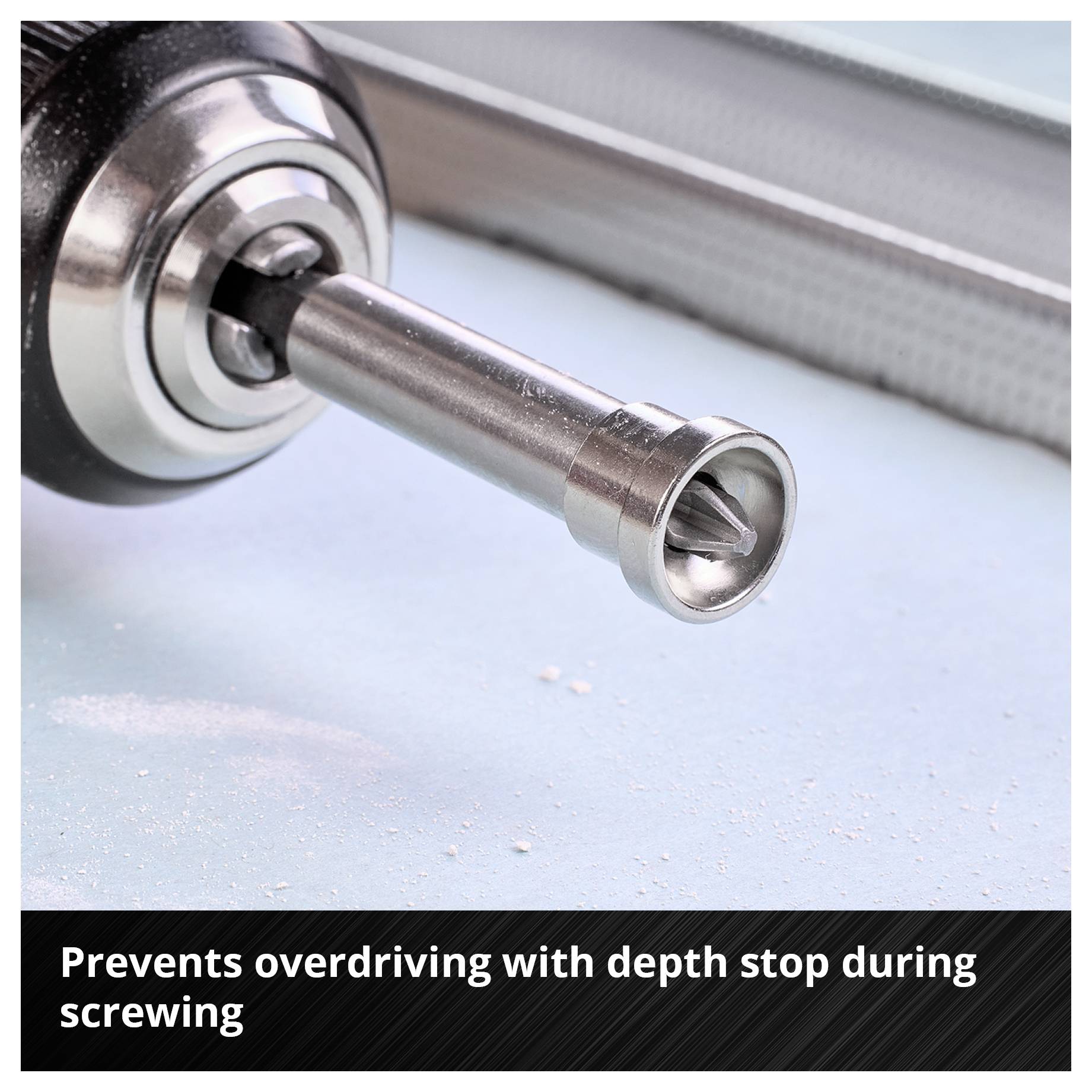 A depth limiter on a drill head prevents over-tightening when fastening on a blue surface, with visible dust.