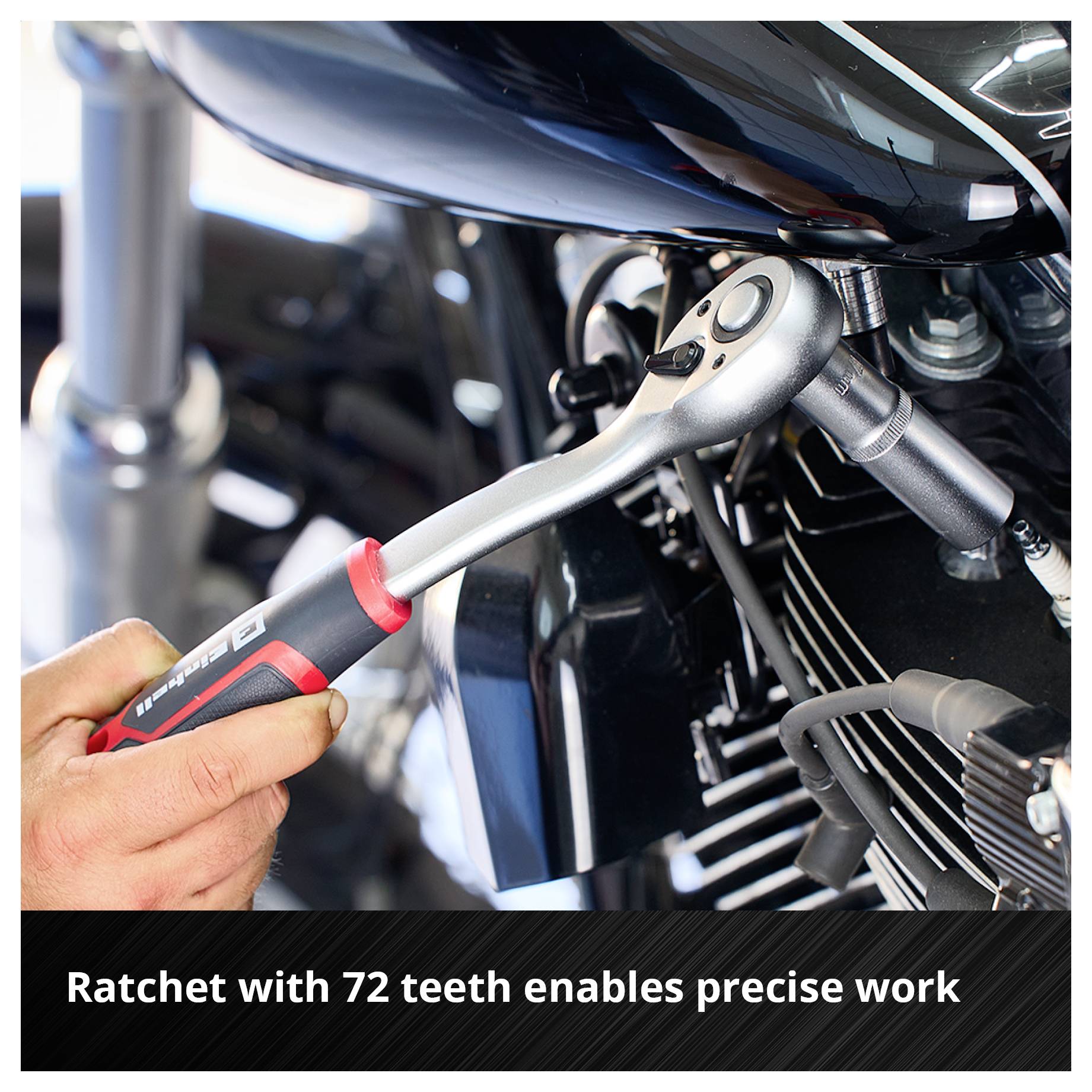 A ratchet wrench is used on a motorcycle. The text says: 'Ratchet wrench with 72 teeth enables precise working.'