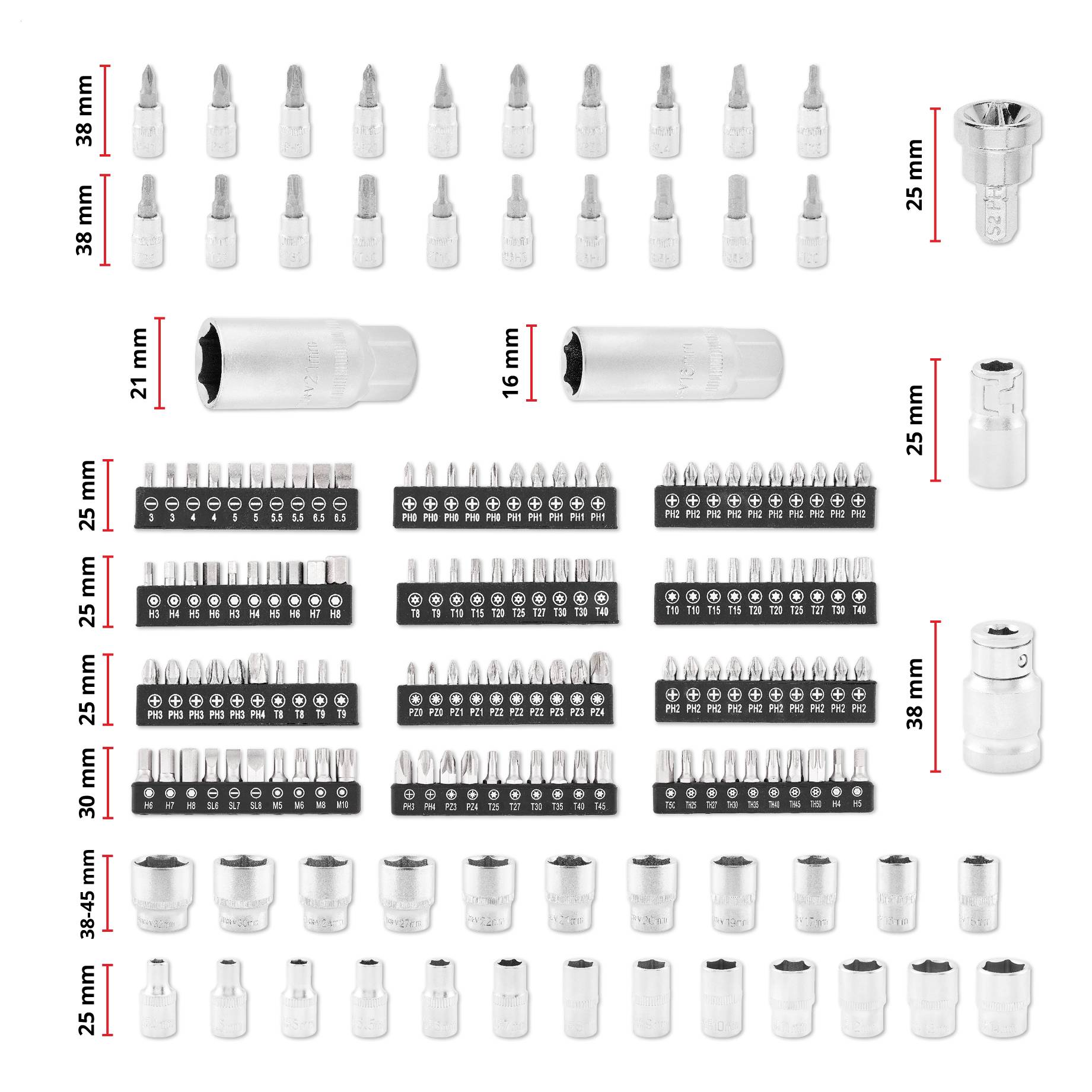 'A set of various mechanic tool pieces including sockets and bits are displayed with measurement labels.'