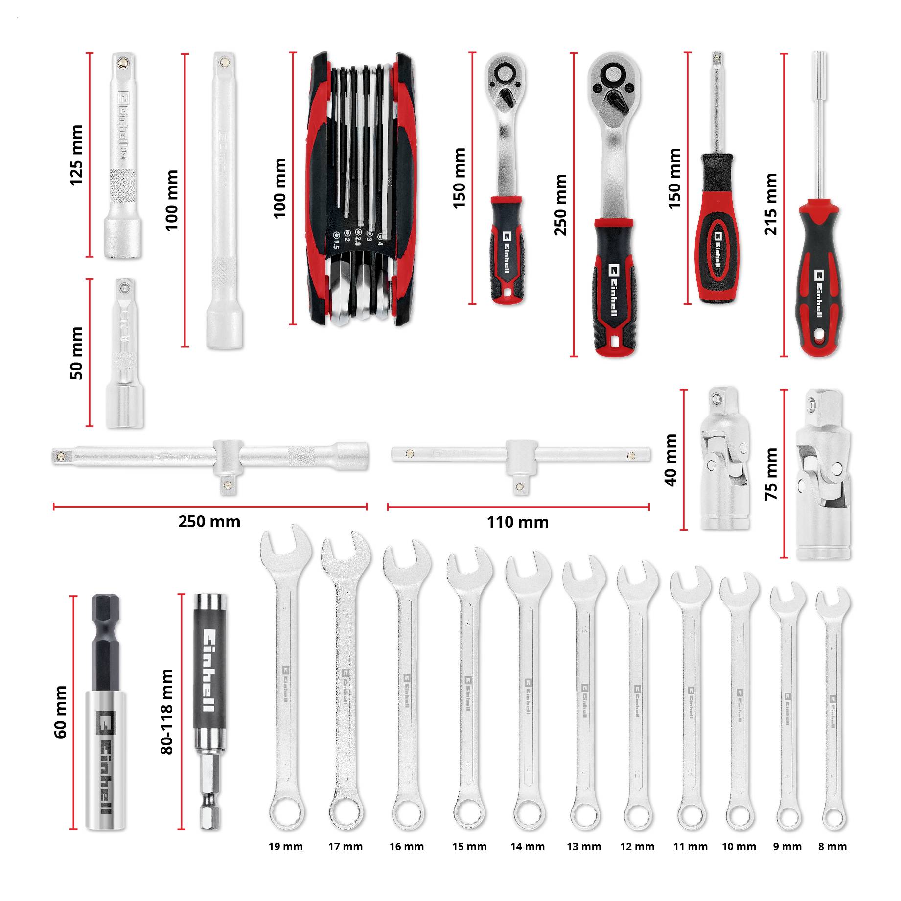 A comprehensive set of tools including wrenches, screwdrivers, and ratchets, with various dimensions labeled in millimeters.