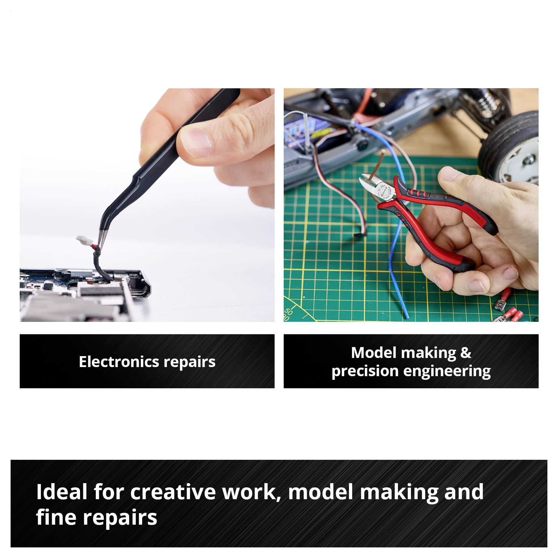 'Two images: Left image shows hand with soldering iron during electronics repair. Right image shows hand with pliers during model-making work.'