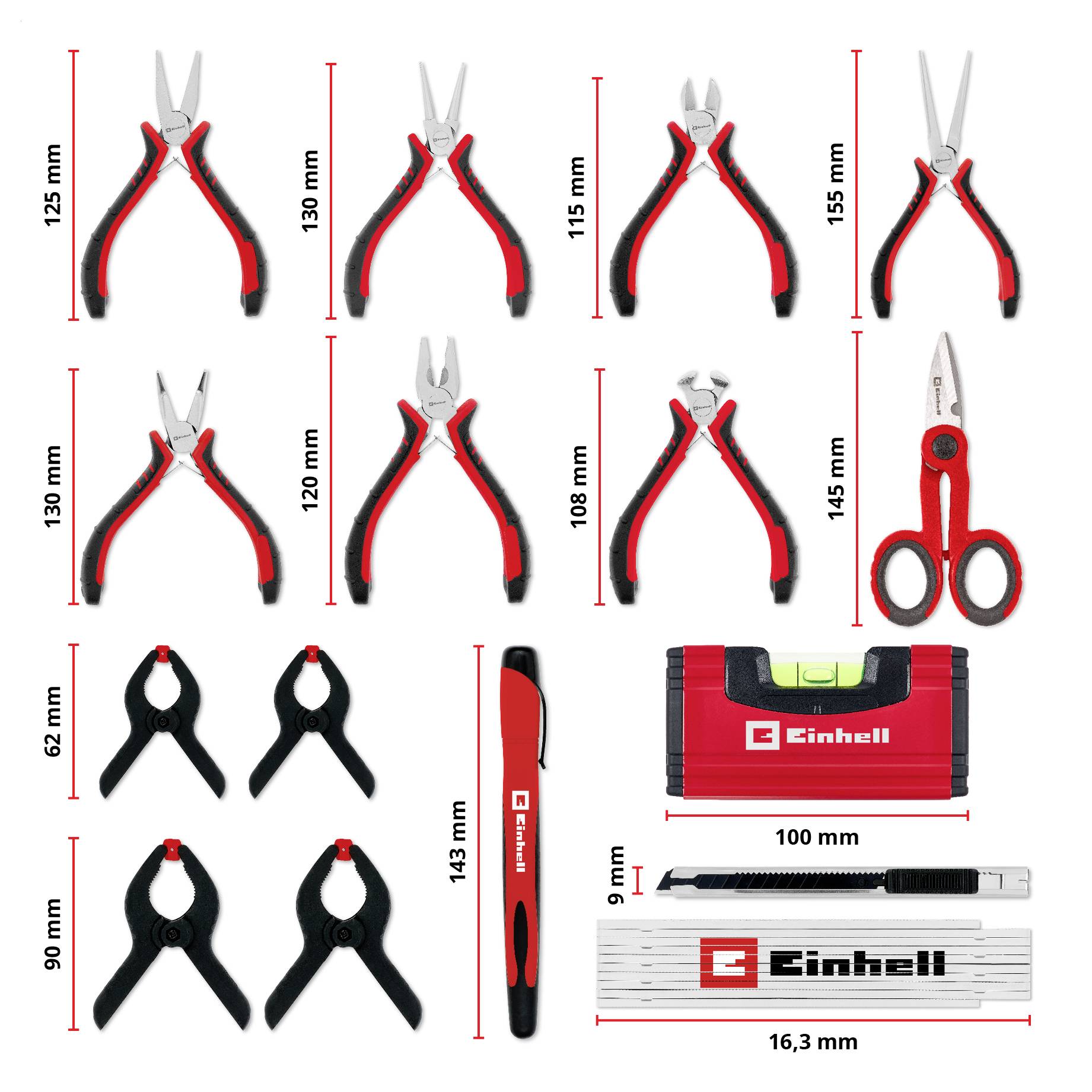 'Einhell tool set with various pliers, clamps, scissors, precision knife, and a tape measure, each with visible measurements in millimeters.'