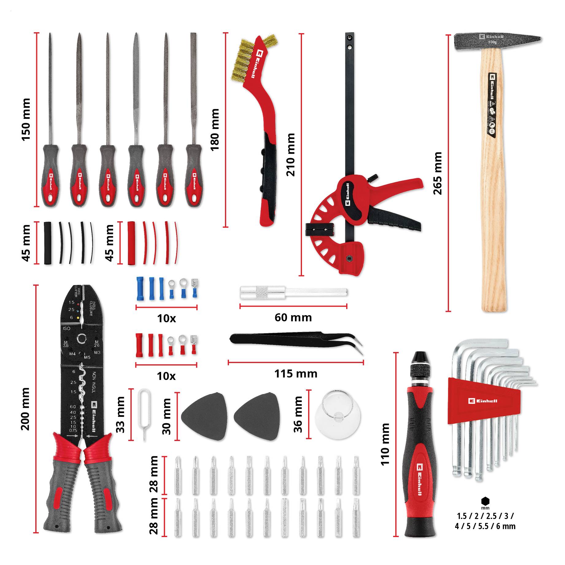 'Image shows various tools including files, wire brush, tool clamp, hammer, wire stripping pliers, precision screwdriver set, and L hex wrenches with their dimensions.'