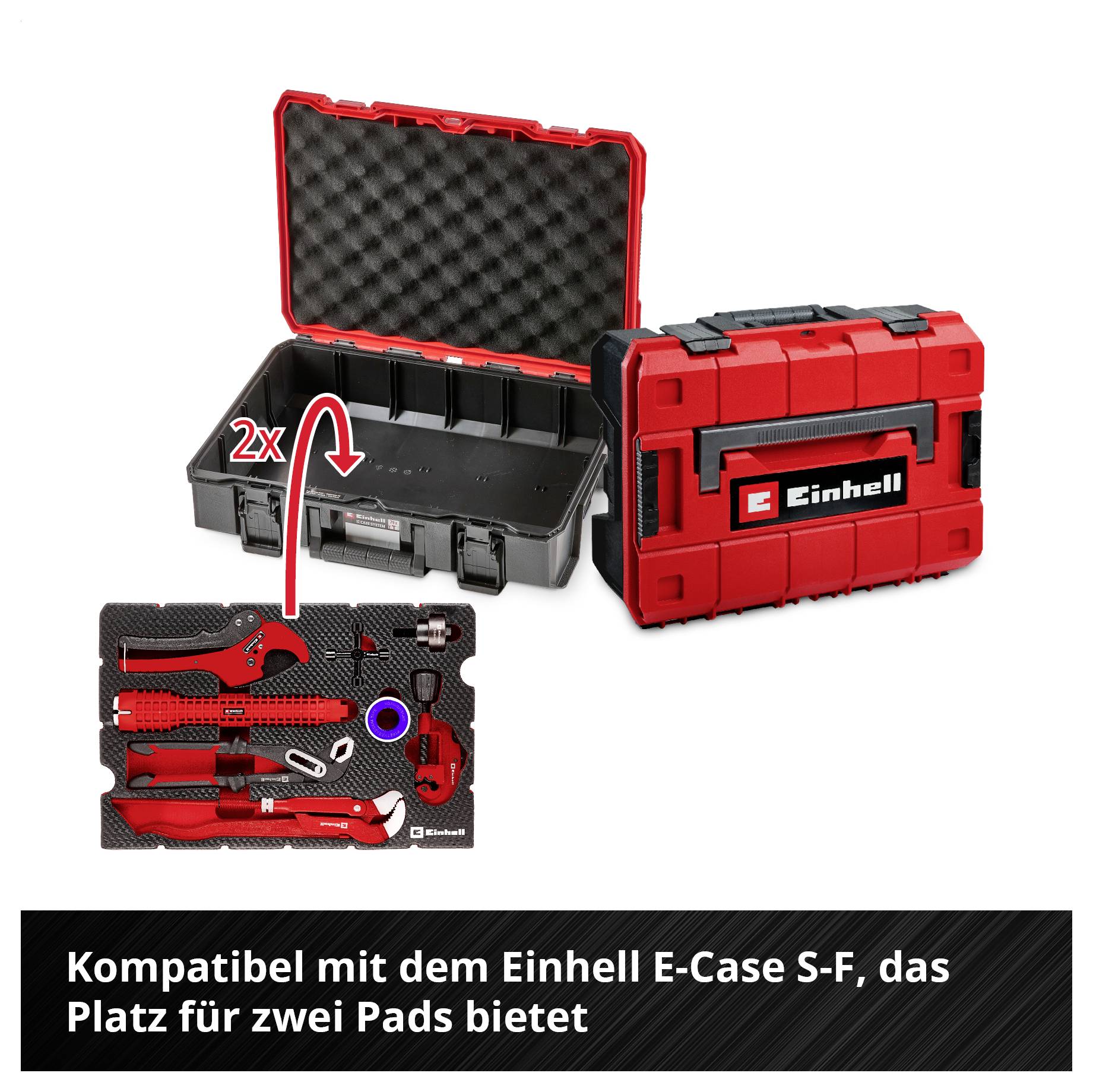 Open and closed red Einhell toolbox with shown interior space that provides room for tools and two pads.