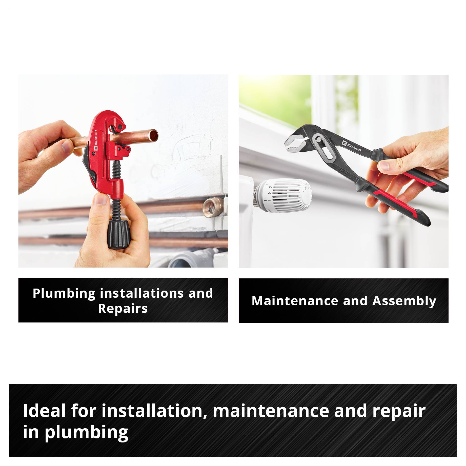 'Various plumbing tools including wrenches, pipe cutter, sealing tape, and others are arranged with labels showing measurements in millimeters.'