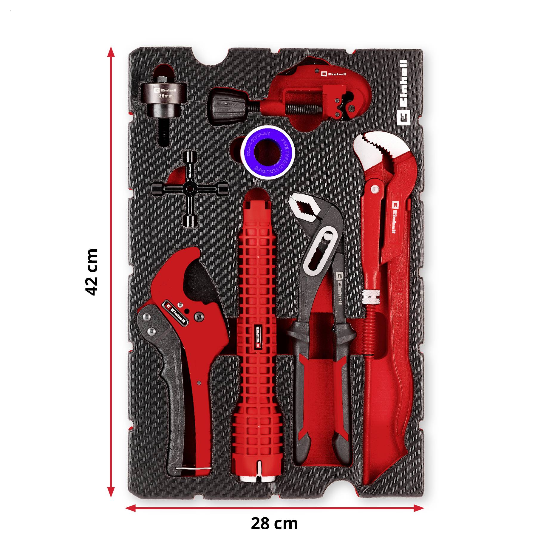 A neatly organized set of red hand tools in a black foam tray, including a wrench, pliers, tape, and various tool heads; dimensions 28 cm by 42 cm.