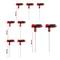 Set of eight red and black T-handle hex key wrenches of varying lengths: 100 mm, 150 mm, and 200 mm.