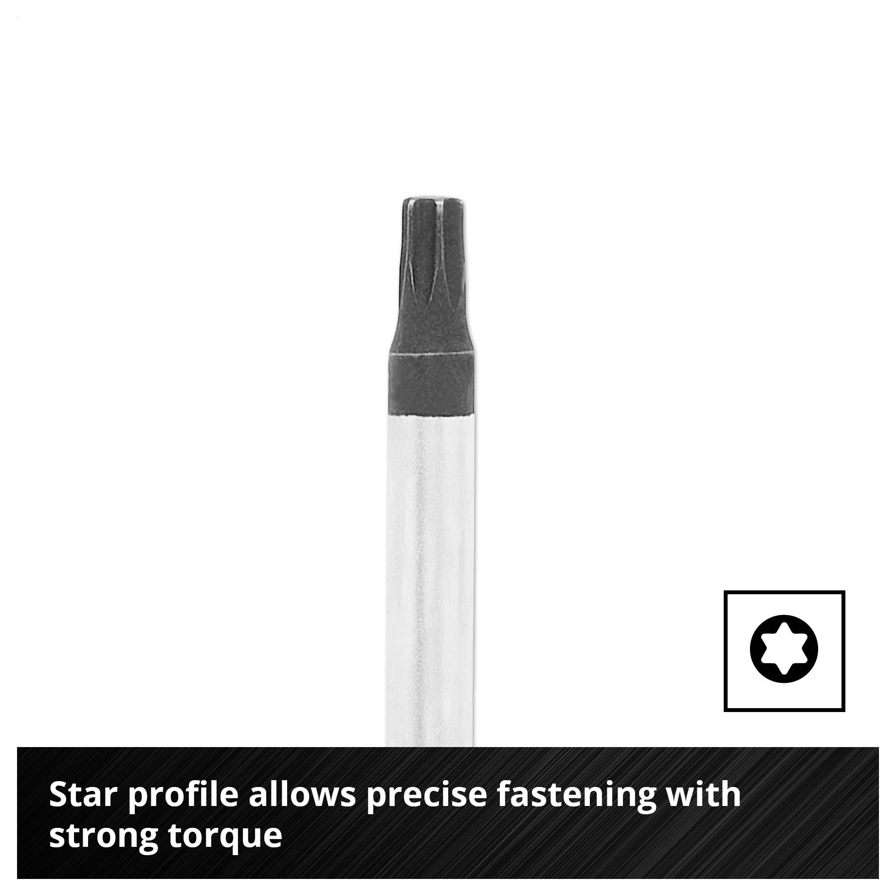 Drill bit with internal star profile for precise screws; high torque transmission.