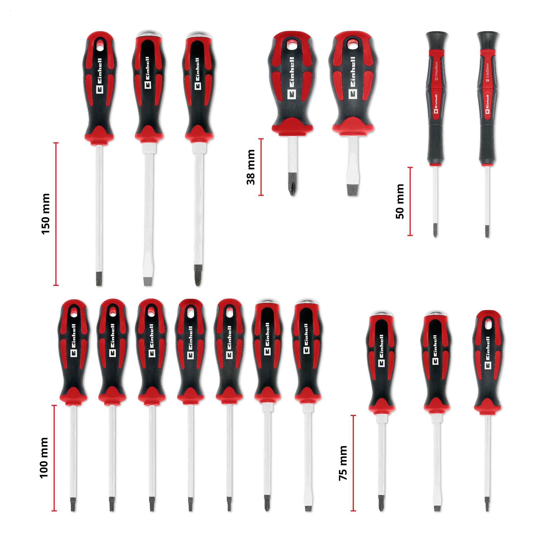 A complete set of 18 red and black screwdrivers with varying sizes, including flathead and Phillips head, ranging from 38 mm to 150 mm.