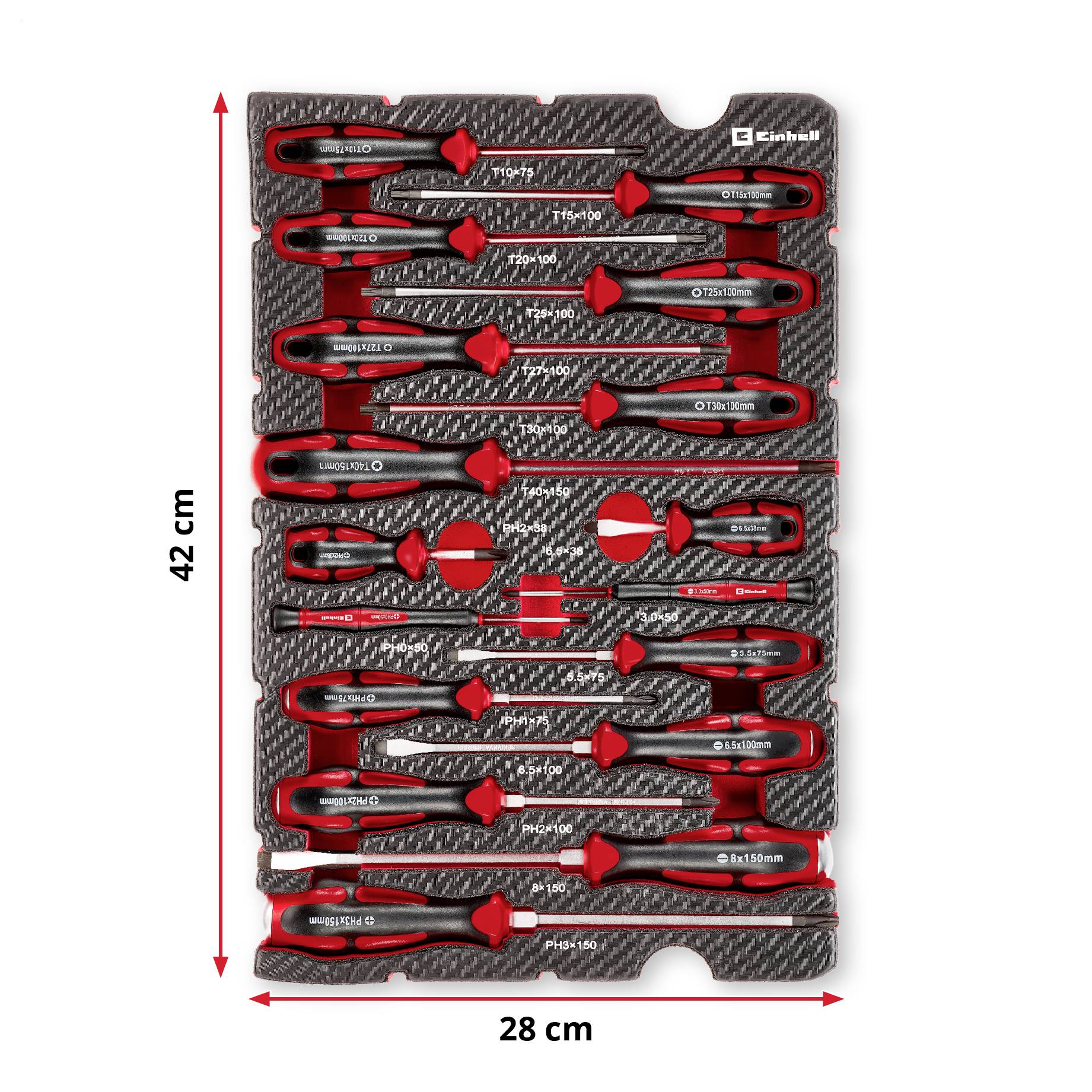 A set of nine red and black screwdrivers in a foam tray, measured at 42 cm by 28 cm, showing different types and sizes.