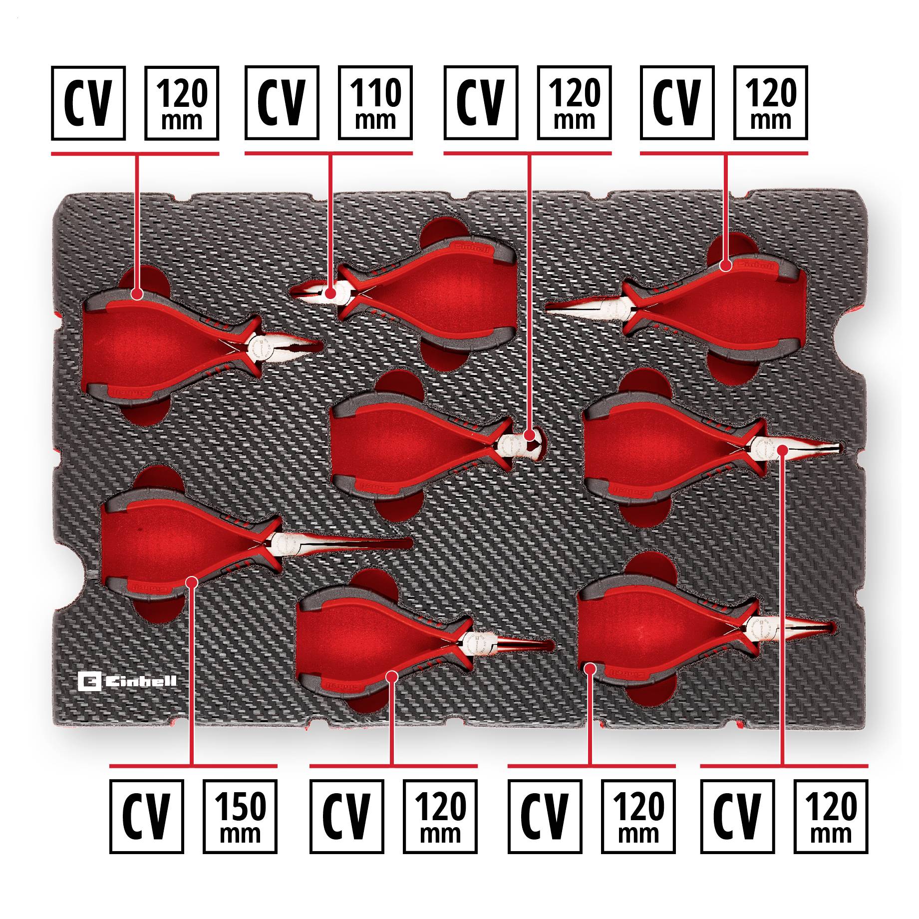 'Ciabelli' knife layout: Seven red-handled knives on a carbon fiber board. Various sizes: CV 120mm, CV 150mm. Organized for display.