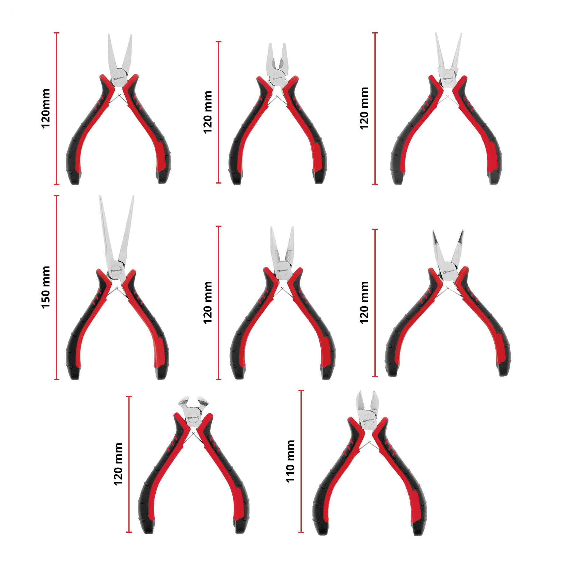 'Set of seven red and black pliers of various types with sizes indicated, ranging from 110 mm to 150 mm.'