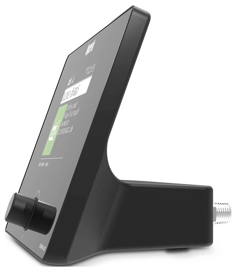 A black, angled digital device with a screen displaying control settings and a control knob, suggesting adjustment of electronic settings.