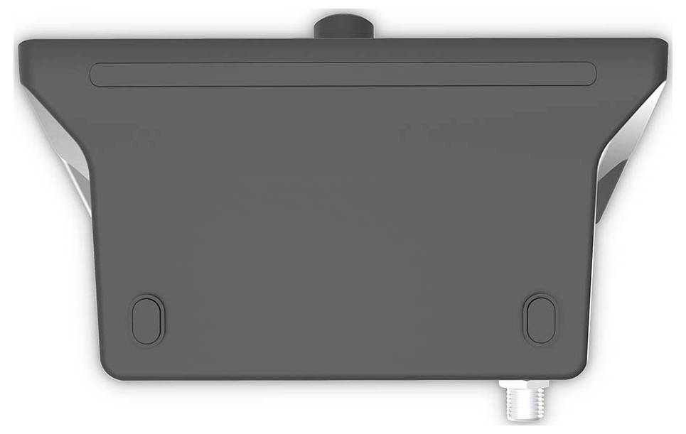 A black rectangular device with metallic accents and a protruding connector at the bottom right.