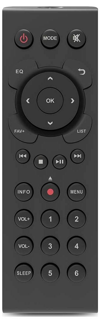 A black remote control with circular and rectangular buttons labeled with power, volume, channel, menu, and media controls.