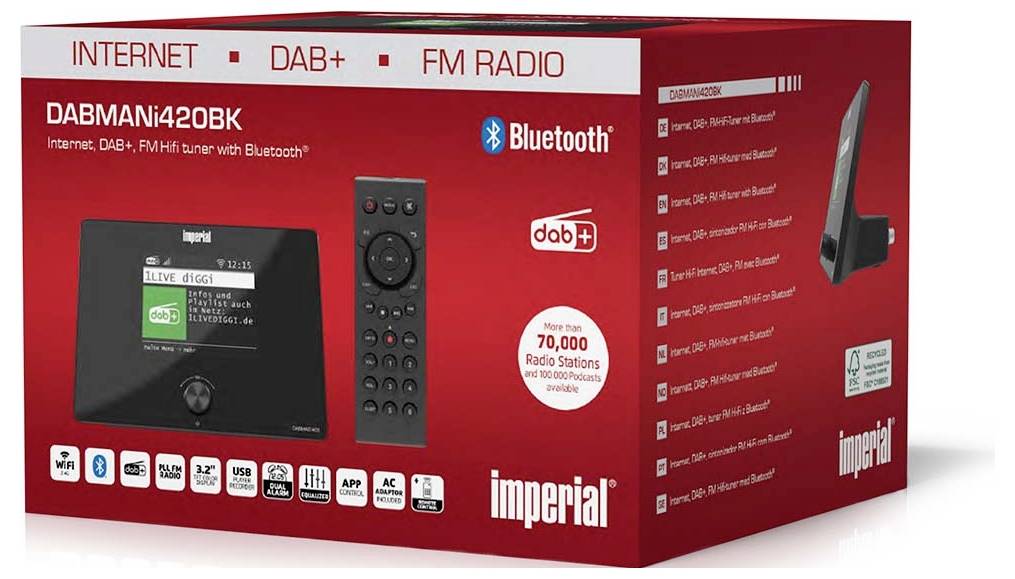 Red packaging for the 'imperial DABMAN i420 BK', showing a digital radio with internet, DAB+, FM radio features, and Bluetooth.