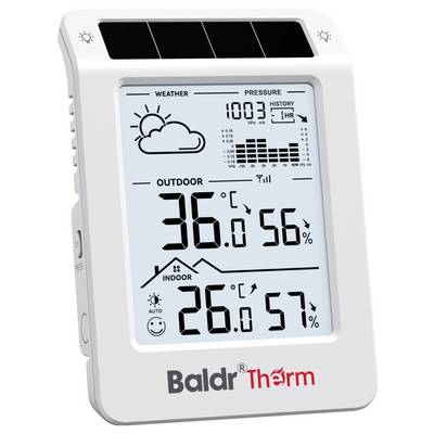 Digital weather station showing indoor and outdoor temperature and humidity, plus weather icon and pressure reading on a Baldr Therm display.<br>