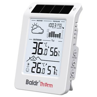 Digital weather station showing weather, pressure, indoor and outdoor temperature and humidity readings, with solar panel on top and side control buttons.