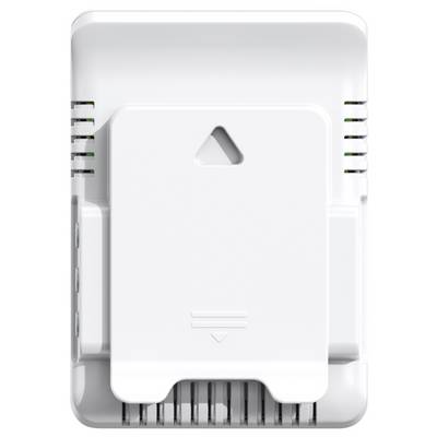 White wall-mounted thermostat or control device with a central cover, small triangle icon, side vents, and lower connector slots.