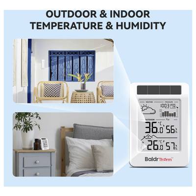 Promotional graphic for a BaldrTherm device showing outdoor and indoor temperature and humidity, with two sample room photos and a digital display reading 36.0° and 26.6° with humidity percentages.