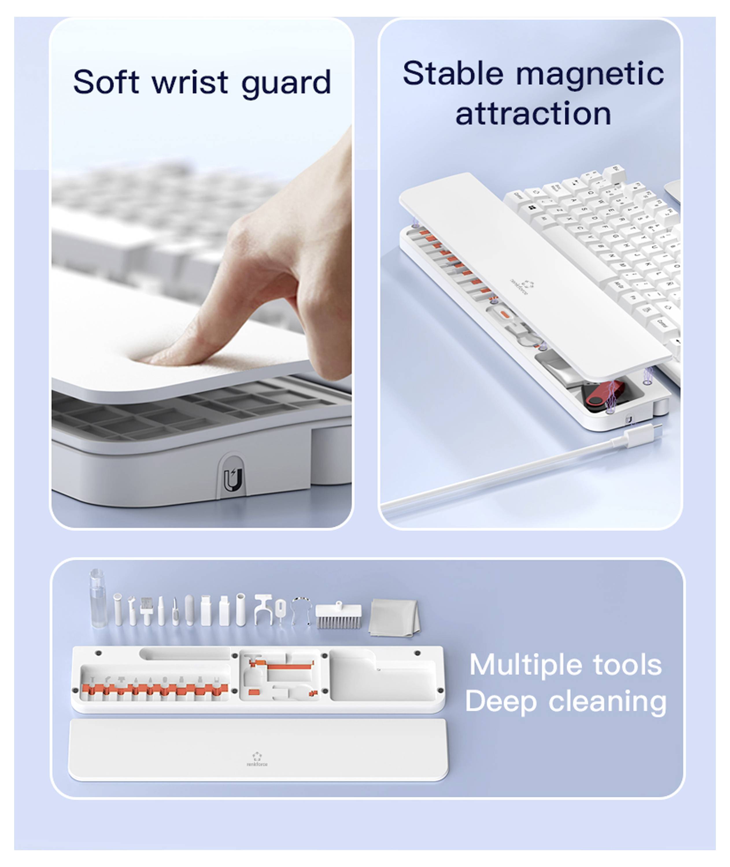 The image shows parts of a keyboard with features: 'Soft wrist guard,' 'Stable magnetic attraction,' and 'Multiple tools for deep cleaning.'