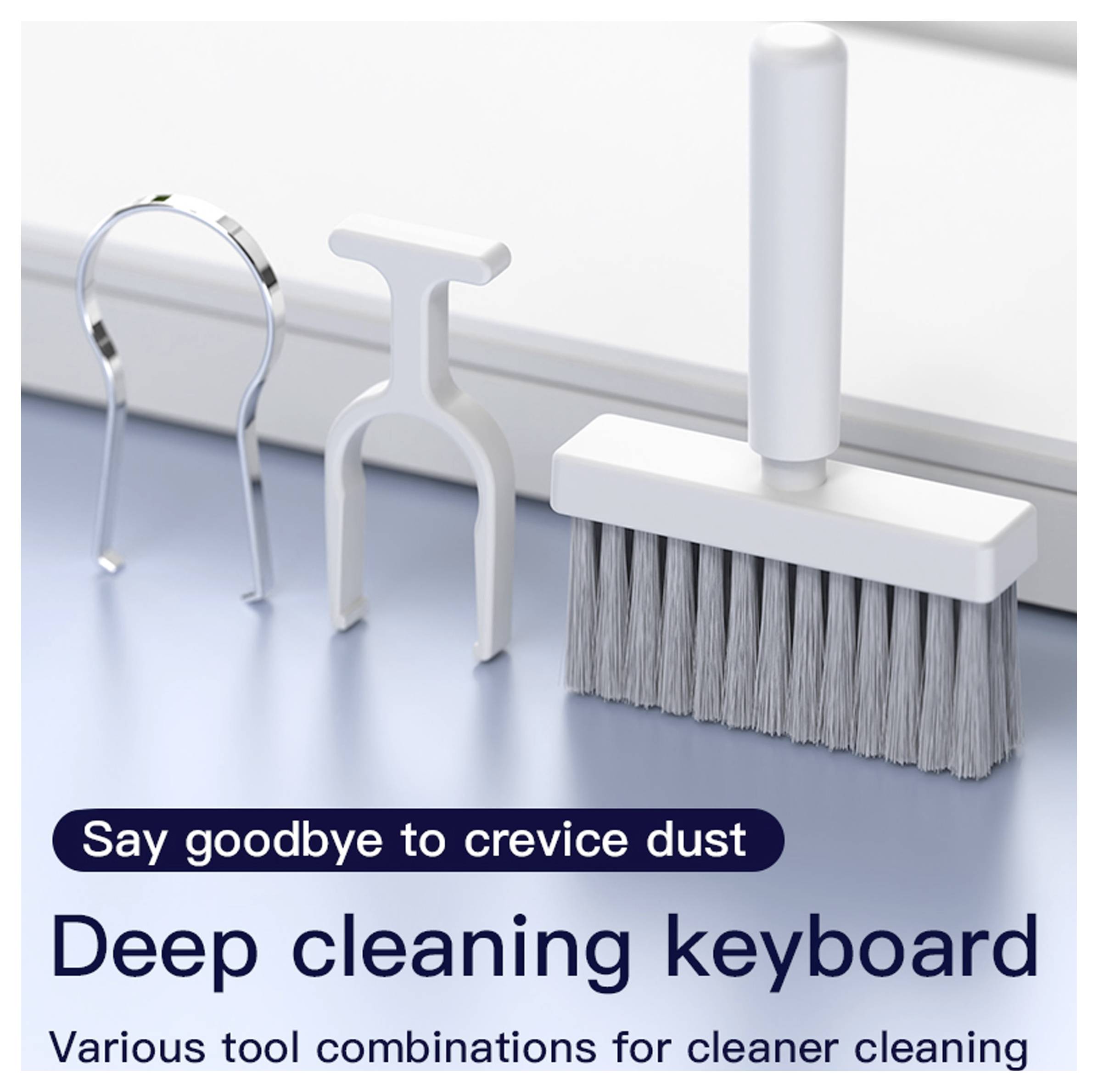 'Deep cleaning keyboard' kit with dust brush and two crevice tools. Text reads: 'Say goodbye to crevice dust. Various tool combinations for cleaner cleaning.'