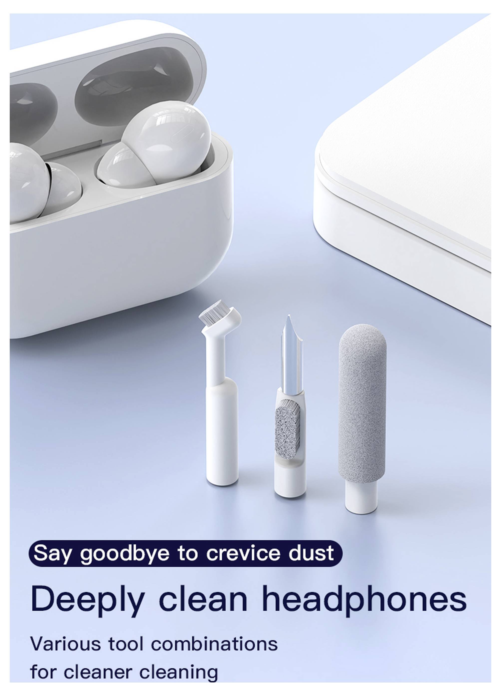 Cleaning tools for headphones shown next to a case; text reads 'Say goodbye to crevice dust, Deeply clean headphones'.