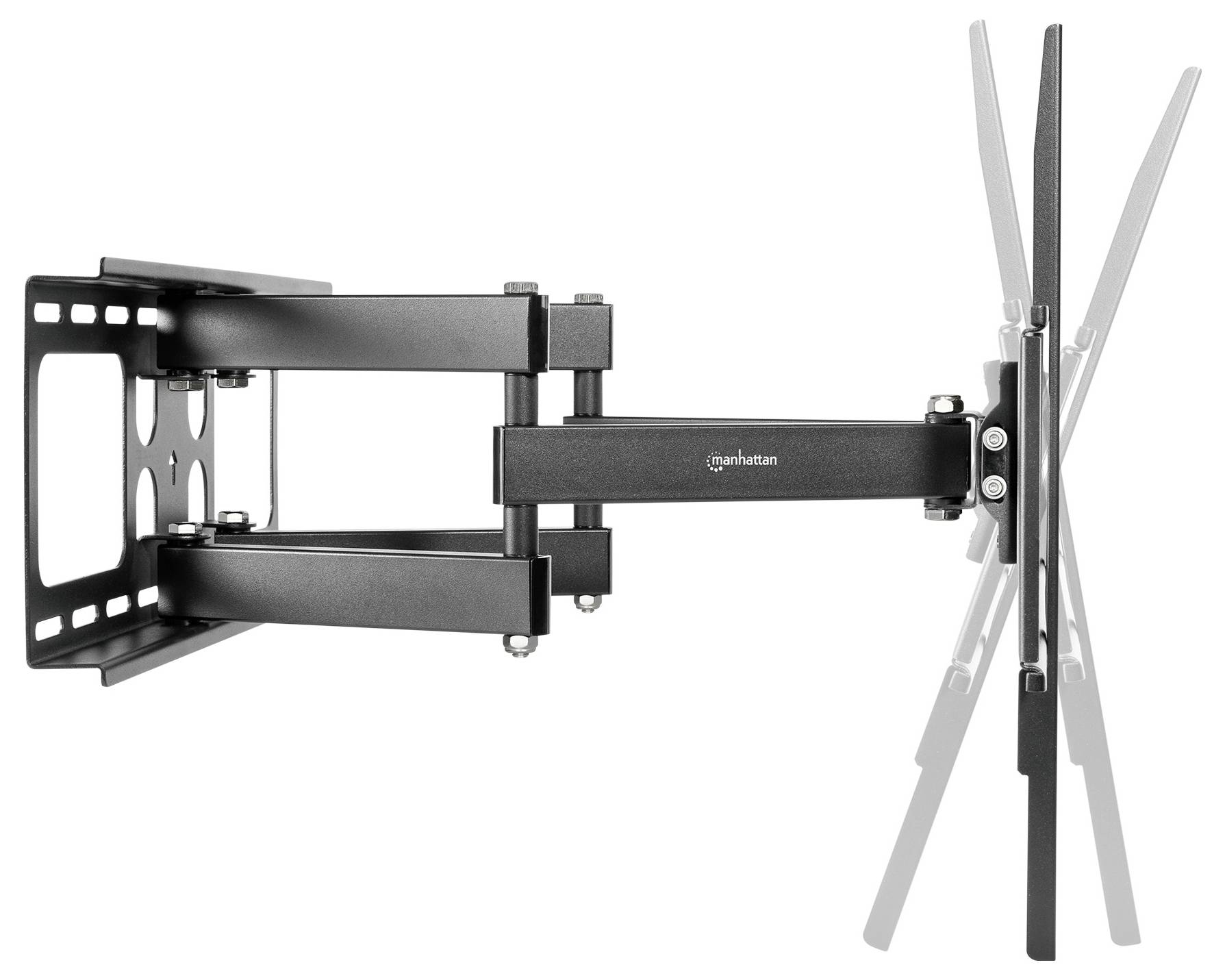 'Adjustable wall mount for flat panel displays, featuring tilt, swivel, and extendable arm for optimal viewing angles and space management.'