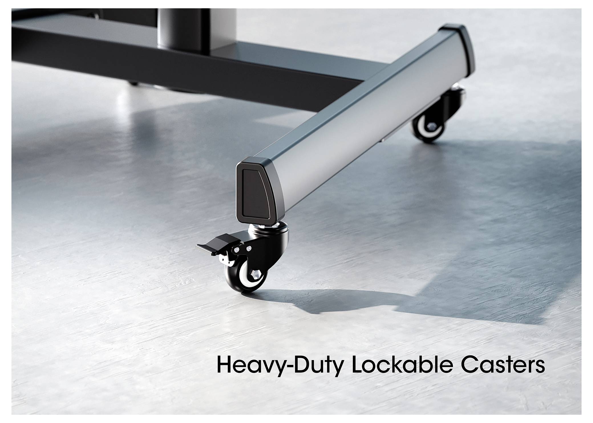 A close-up of a table leg with a heavy-duty lockable caster on a smooth floor. The caster has a pedal for locking mechanisms.
