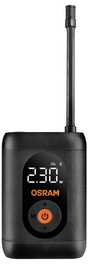 'OSRAM' branded digital tire inflator displaying '2.30 bar' with power and mode buttons, auto shut-off feature, and attached nozzle.