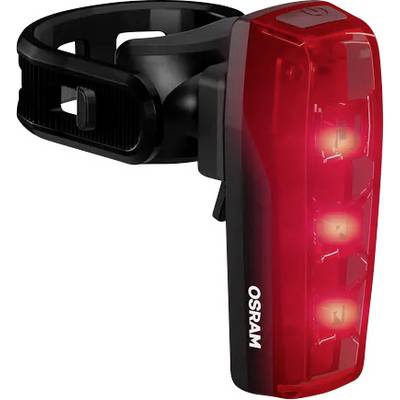 'Osram' branded red bicycle tail light with three LEDs, designed for night visibility. Attached to a black adjustable strap mount.