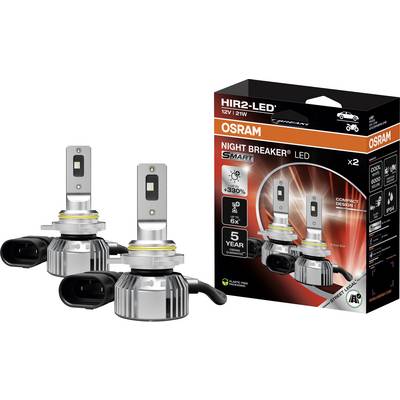 'OSRAM Night Breaker LED headlights with 5-year guarantee, compact design, and 330% more brightness, displayed with packaging.'