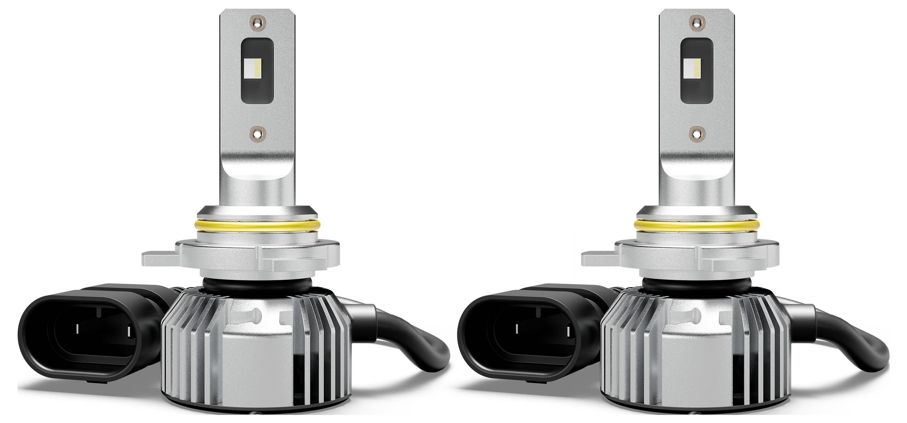 'Two LED car headlight bulbs with metal casings and plastic connectors side by side against a white background.'