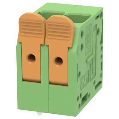 Green two-position electrical terminal block with orange release levers, shown in close-up on a white background.