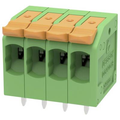 Green four-pole spring terminal block with orange levers for wiring connections.