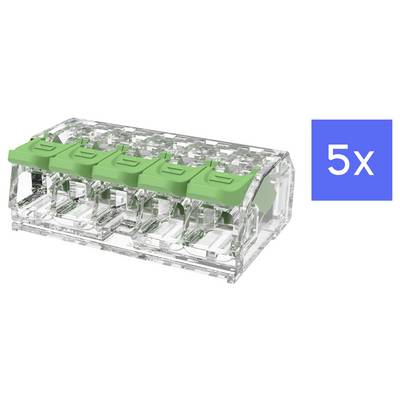 Transparent electrical connector block with five green lever clips, labeled '5x' in a blue square<br>