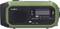 Green emergency DAB/FM radio with a digital display, solar panel on top, buttons for menu, volume, and scan, plus an 'SOS' button.