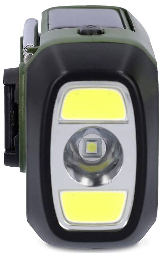 A close-up view of a compact, multi-functional flashlight with a central LED bulb and two rectangular LED panels above and below it.