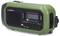 'Green emergency DAB/FM radio with solar panel and hand crank, featuring a digital display, volume controls, and a built-in siren.'