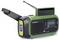 A green emergency radio with a hand crank, solar panel, flashlight, and digital display, designed for outdoor or emergency use.